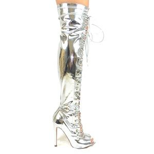 Silver Front Lace Up Slim Heel Over The Knee Boot